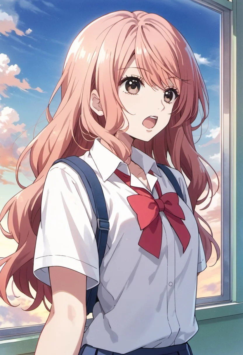 score_9, score_8_up, score_7_up, source_anime, igarashi iroha, light pink hair, long hair, brown eyes, 1girl, solo, open mouth, school uniform, sky, cloud, window, shirt, day, white shirt
