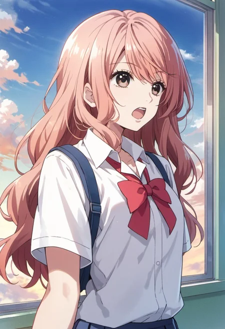 score_9, score_8_up, score_7_up, source_anime, igarashi iroha, light pink hair, long hair, brown eyes, 1girl, solo, open mouth, school uniform, sky, cloud, window, shirt, day, white shirt