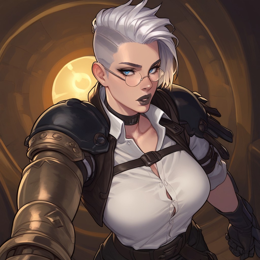 masterpiece,best quality, highly detailed, (tall female:1.2), score_9, score_8_up, score_7_up, solo, from above. upper body, Expressiveh, girl, ((short white hair, undercut, slicked back hair)), side light, blue eyes, (black lips), ((one mechanical arm)), (beautiful body:1.5), (athletic body:1.5), (beautiful breasts), physically fit, slender build, tomboy, wide hips, toned female, thick lips, (white shirt), unbutton, choker, leather vest, leather armor, steel gauntlet, single shoulder armor, black pants, belt pouch, knee guards, ((round glasses)), holding electricity in hand, unique angle, unique perspective, dramatic angle, fantasy tavern scenery, night time, moon, stars, Rim light