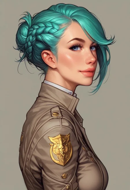 ((((side view))))
beautiful color, aesthetic, 2d,
(zeon pilot:1.3), ((khaki suit)),
solo, standing, (battleground, explosions:1.5)
1girl, cute face, modest smile
((turquoise hair, folded in french braid, long side bang hairstyles)),
big natural breasts,
focused, looking at viewer,
(((full-clothed))), dynamic pose
BREAK
score_9, score_8_up, score_7_up, score_6_up, source_cartoon, rating_explicit, Expressiveh, (((((upper body))))), dynamic pose