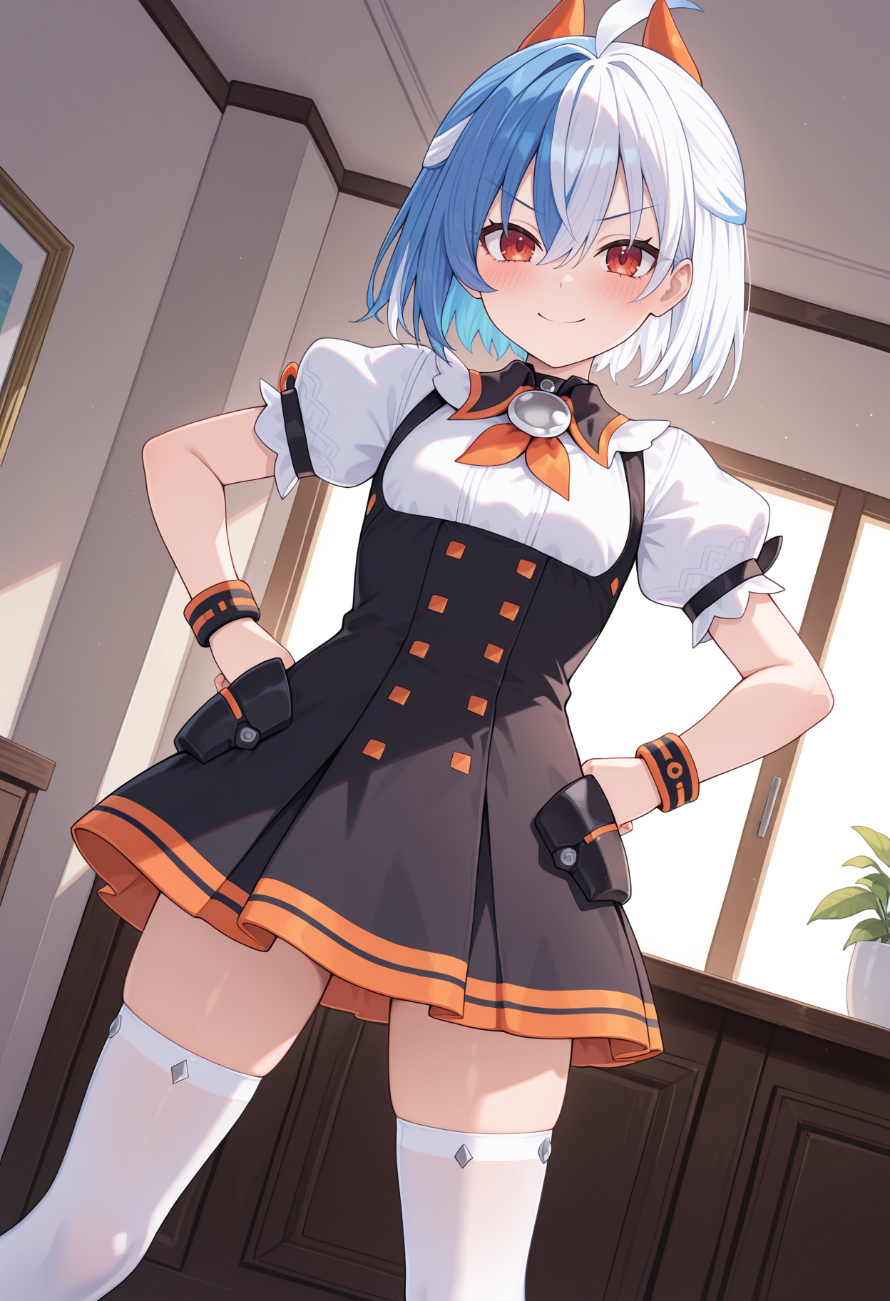 highres, best quality, masterpiece, indoors,
1girl, solo
npipdef, two-tone hair, hair between eyes, blue hair, white hair, red eyes, hair ornament, pinafore dress, black dress, black collar, orange ribbon, white shirt, puffy short sleeves, wristband, white thighhighs,
looking at viewer, blush,
v-shaped eyebrows, 
standing, legs apart, hands on own hips, dutch angle, smile,
<lora:_pippih_nep-elesico-ilxl-000012:1>