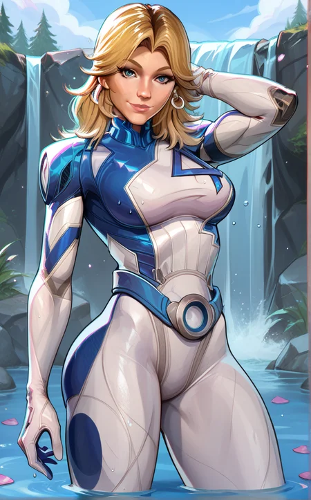 score_9, score_8_up, score_7_up, waterfall shower, wading, arms behind head, looking at viewer, light smile, outdoors, wet, water, waterfall, petals on liquid, caustics, day,   <lora:PONYXL_MarvelRivalsSueStorm_ownwaifu:1>, BREAK PONYXL_MarvelRivalsSueStorm_ownwaifu, 1girl, blue belt, blue bodysuit, flipped hair, long legs, narrow waist, number print, skin tight, toned, two-tone bodysuit, white bodysuit, blonde hair, blue eyes, lips, long hair, jewelry, medium breasts, hoop earrings, nose, gloves, large breasts, superhero, earrings, blue gloves, parted bangs, multicolored clothes, bangs, pilot suit, white gloves, multicolored bodysuit, shiny hair, pink lips, thick eyebrows, thick thighs, turtleneck, covered abs, <lora:add-detail-xl:0.15>,