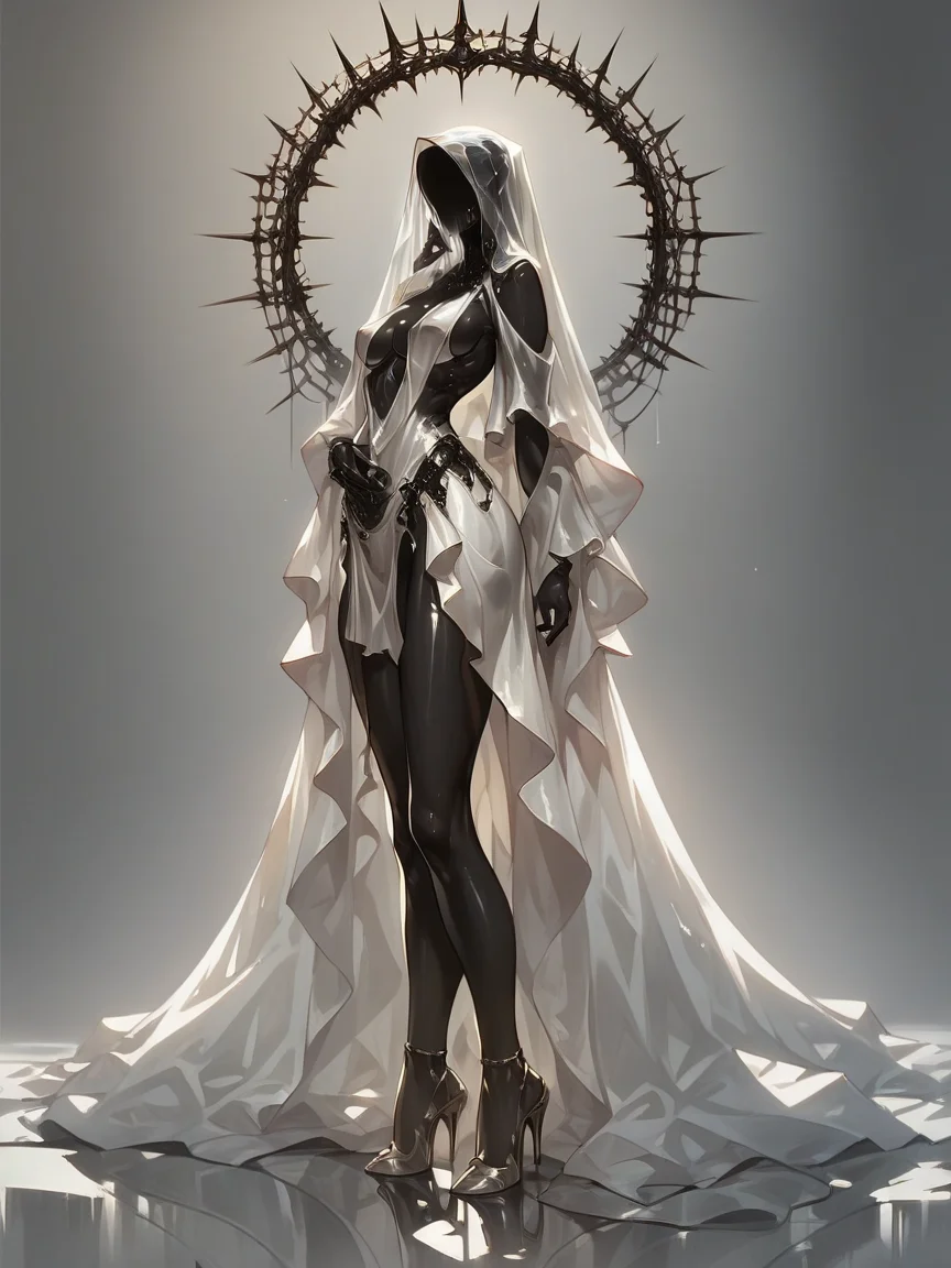 score_9, score_8_up, score_7_up, score_6_up, score_5_up, <lora:al13ng0dXLP:0.7> al13ng0d, solo, veil, black skin, curvy, shiny skin, full body, high heels