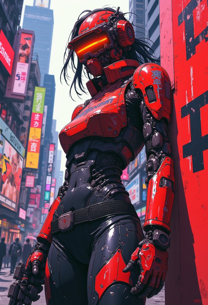 cyberpunk anime style, sci-fi female soldier in skin-tight battle armour, leaning against a wall on a cyberpunk street, with neon signs and large adverts featuring supermodels, red and black colour theme