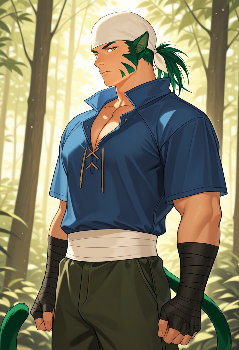 score_9, score_8_up, score_7_up, score_6_up, perfect anatomy, perfect proportions, best quality, masterpiece, high_resolution, high quality, best aesthetic, incredibly absurdres, concept art, digital art, realistic, highres, extremely detailed, huge filesize, mature, masculine, handsome, charming, seductive, bara, male focus, solo male, handsome face, perfect face, Muarim, 1boy, white bandana wrapped around the head, feline green ears, green hair, green side burns shaped like tiger stripes, golden eyes, blue lace up shirt with short sleeves, pectoral cleavage, white bandages wrapped around the abdomen, black forearm bandages, green cat tail, dark green pants, serious expression, portrait, view from waist up, looking at viewer, (nature background)