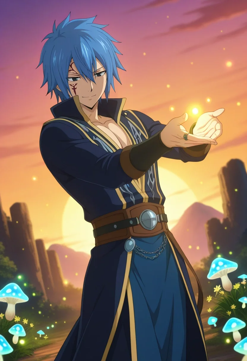 masterpiece, best quality, intricate details, anime screencap, anime coloring, , , 1boy, solo, male focus, <lora:jellal_fernandes_ilxl:0.9>, jellal_fernandes, blue hair, black eyes, short hair, tattoo, facial mark, hair between eyes, fairy grove, glowing mushrooms, fireflies, flower rings, dancing pose, ethereal smile, twilight, viking costume