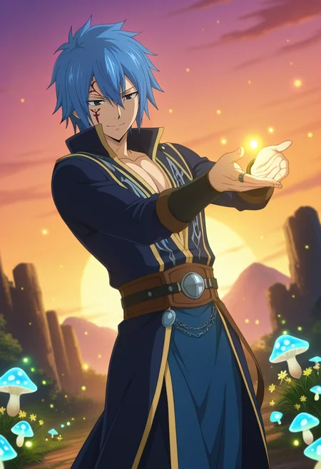 masterpiece, best quality, intricate details, anime screencap, anime coloring, , , 1boy, solo, male focus, <lora:jellal_fernandes_ilxl:0.9>, jellal_fernandes, blue hair, black eyes, short hair, tattoo, facial mark, hair between eyes, fairy grove, glowing mushrooms, fireflies, flower rings, dancing pose, ethereal smile, twilight, viking costume
