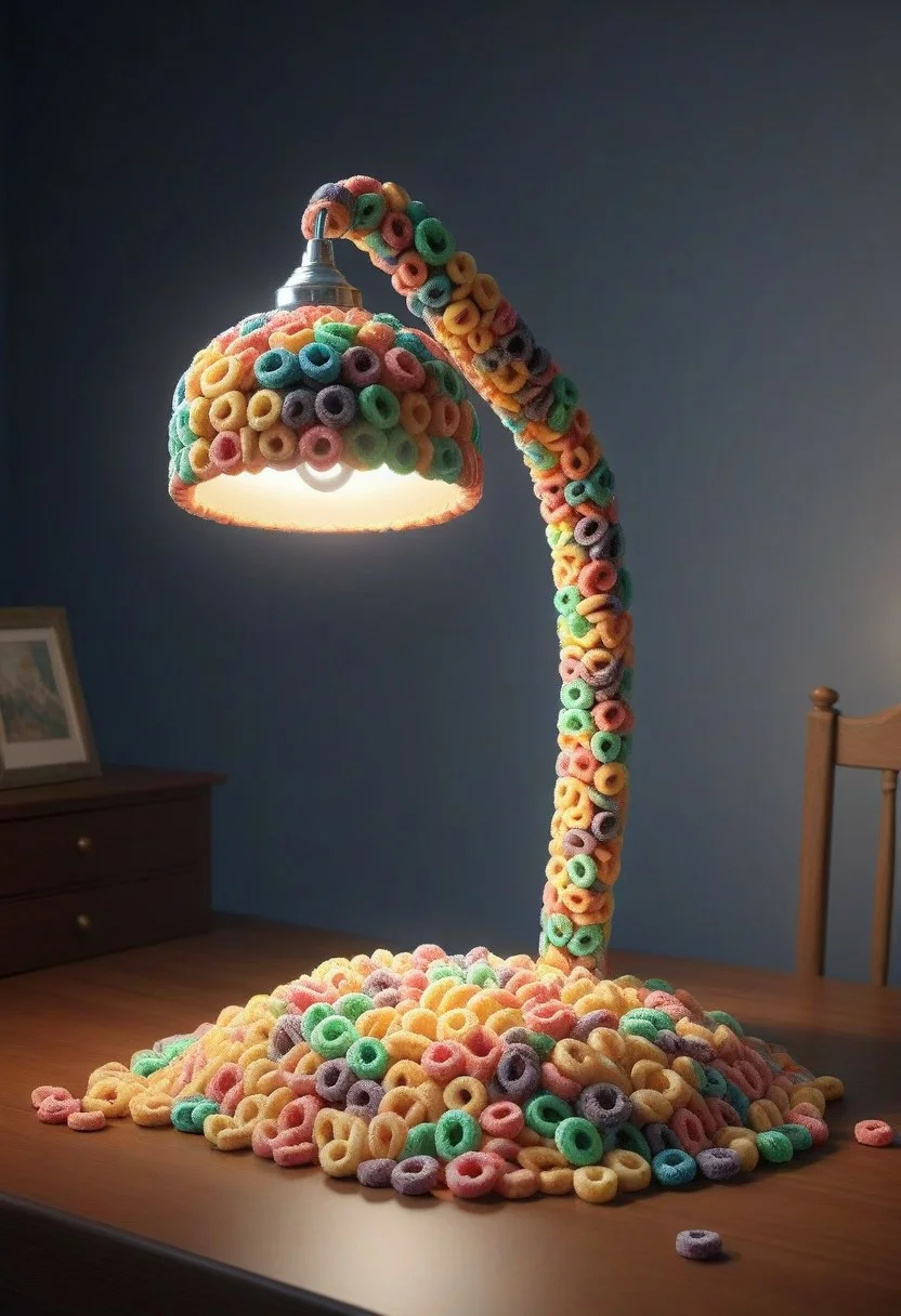 made of Fruit loops , epic picture of a desk lamp on a table, highly detailed, masterpiece, dramatic cinematic lighting, unforgettable, very intricate, high detail , photorealistic detail, ultra-realism , photorealistic, ultra detailed ,octane render, <lora:FruitLoopStyle_epoch_9:0.4>