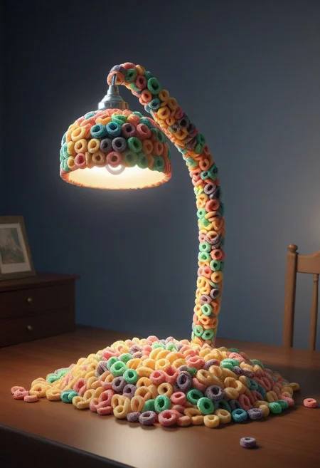 made of Fruit loops , epic picture of a desk lamp on a table, highly detailed, masterpiece, dramatic cinematic lighting, unforgettable, very intricate, high detail , photorealistic detail, ultra-realism , photorealistic, ultra detailed ,octane render, <lora:FruitLoopStyle_epoch_9:0.4>