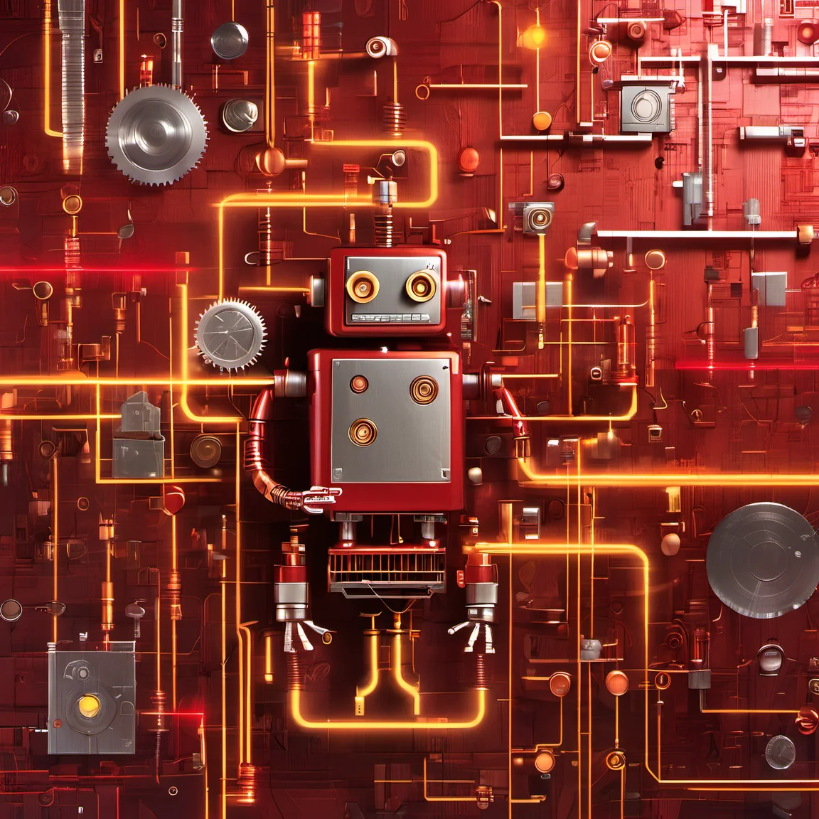 iccircuitart, red and yellow theme, <lora:iccircuitart:1>,, steampunk robot happy Funny cartoonish, by Gediminas Pranckevicius