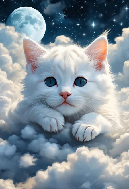 A white kitten is sleeping on the clouds. There's a moon in the night sky and no stars Removed From Image ugly, deformed, noisy, blurry, distorted, out of focus, bad anatomy, extra limbs, poorly drawn face, poorly drawn hands, missing fingers<lora:xl_more_art-full_v1:0.3> <lora:MJ52:0.4>