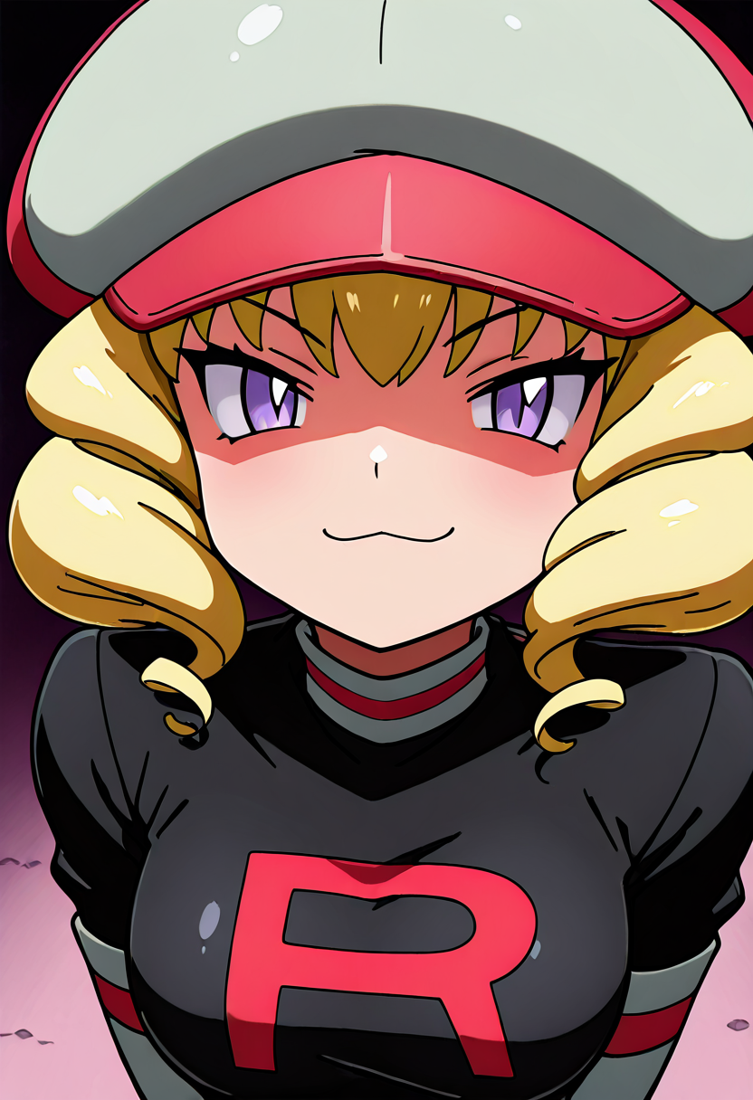 masterpiece, best quality, 1girl, solo, looking at viewer, smile,   zzDomino, purple eyes, blonde hair, drill hair, short hair,   hat, team rocket uniform, upper body, (tsurime, smug), :3,   <lora:DominoPokemon_IXL_v2:1.0>,