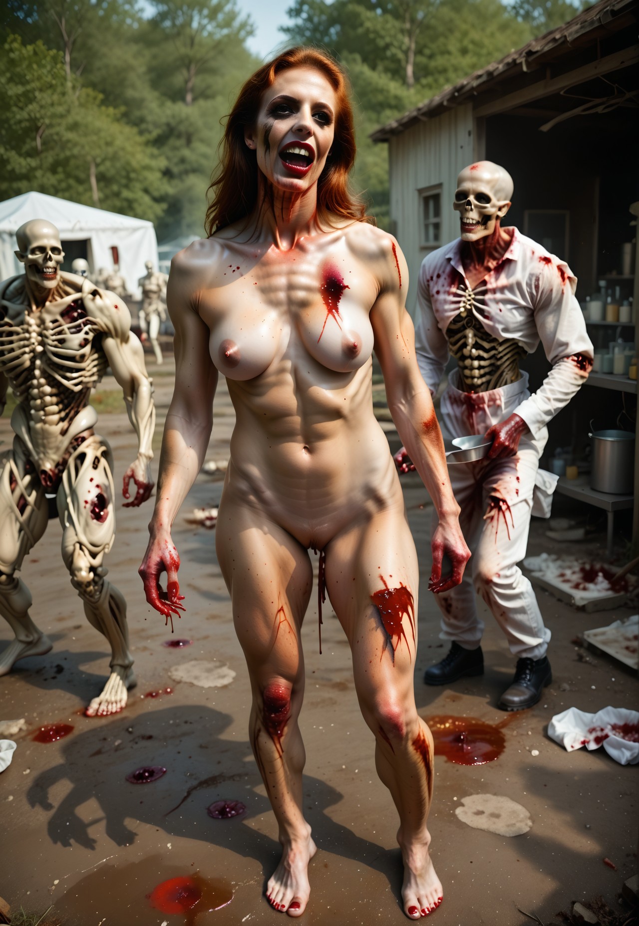 safe_pos, pale, tattered outfit, rotten, skeletal, photo score_9_up score_8_up score_7_up action scene movie stil zombies  murder gore, killed cannibals ,cooking woman, cooking, men ,happy to die, breasts, 4girl nipples nude blood realistic dirty walking barefoot medium breasts nude nsfw blood undead ghouls, zombies ,living dead, detailed, huge breasts ,blood and guts and innards ,realistic ,nsfw, best quality,masterpiece ,4k uncensored, prefect lighting, rating_explicit, groups on blood undead hoards in background
