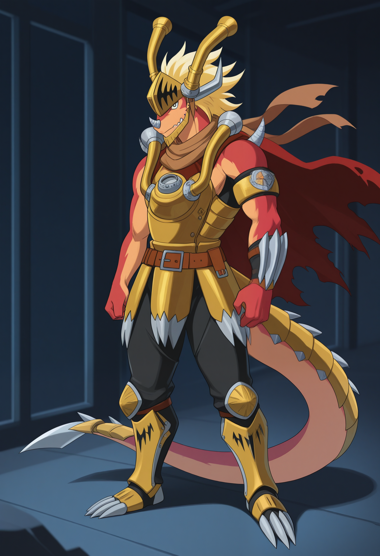 masterpiece,best quality,amazing quality, 1boy, solo, bunk3r, dragon boy,  dragon horns, helmet, gold horns, red cape, gold chest armor, golden armband, brown belt, crotch plates, black pants, golden kneecaps, golden shin guards, tail, tail armor, torn clothes, full body, torn cape,