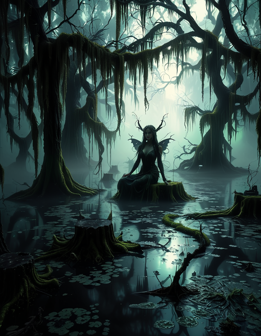 A demonic fairy woman sitting gracefully in an ominous swamp,0m1n0us sw4mp. She has a hauntingly beautiful appearance, with translucent, tattered wings resembling those of an insect, glowing faintly in a dark, eerie hue. Her skin is pale with subtle, intricate patterns like magical runes etched into it, and her eyes glow with an unsettling red or violet light. She wears an ethereal, dark gown made of shredded, otherworldly fabric that appears to flow like smoke, blending with the mist of the swamp. Her hair is long, wild, and black with streaks of silvery white, floating slightly as if affected by unseen magical energy.
The swamp around her is dark and foreboding, with twisted, gnarled trees reaching out like claws. The water is murky, reflecting a pale, sickly green glow from bioluminescent plants and fungi scattered throughout. The air is filled with a faint, ghostly mist, and strange, faint lights hover in the background, adding a mystical atmosphere. The lighting is dim, with a soft, ethereal glow illuminating the fairy woman from below, contrasting with the deep shadows of the swamp. The mood is dark, mysterious, and magical, evoking both beauty and menace.<lora:SDXLFaeTastic2400:0.4> <lora:extremely_detailed:0.4> extremely detailed, <lora:0m1n0us_sw4mp:1>, Masterpiece,best quality,hi res,8k,hi res,8k,award winning,(sharp focus, intricate, highly detailed),