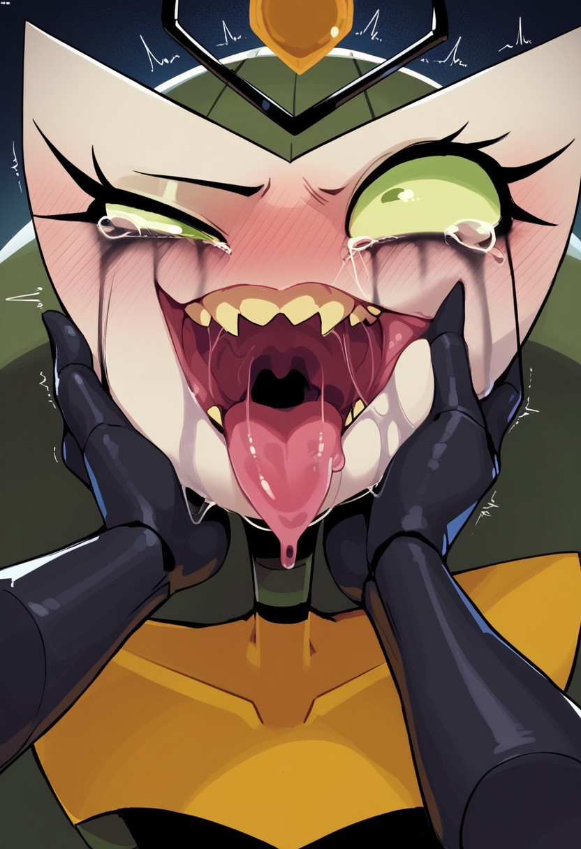 score_9, score_8_up, score_7_up, vexus, green eyes, robot, humanoid, antennae, stripped, res tongue, ahe_gao, aheago, drooling, saliva, sharp_teeth, HAND IN ANOTHER'S MOUTH, struggling, ruined makeup, smiling, detailed, upper body, crying