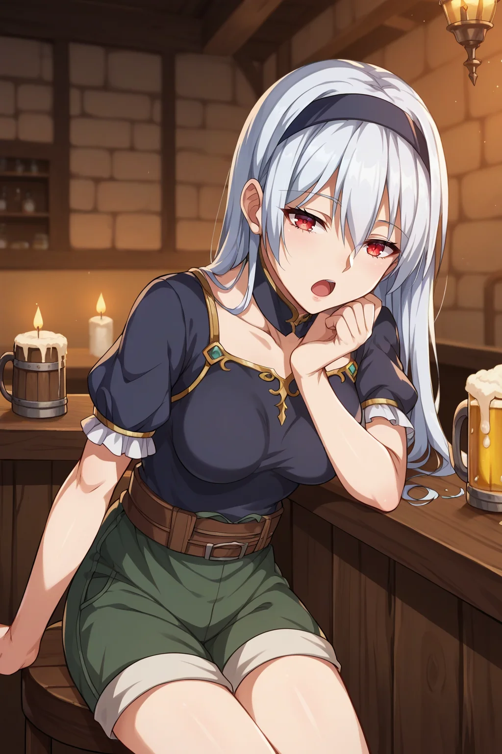 score_9, score_8_up, score_7_up, source_anime, 1girl, prefect lighting, very aesthetic, intricate details, highly detailed background, masterpiece, high quality, prefect hands, best quality, solo,
<lora:Liora_Isekai_Yarisaa_V2:.85>, KJOliora, white hair, red eyes, long hair, hair between eyes, hairband,
tunic, short sleeves, cargo shorts,
sitting on stool, sleeping, laying head on counter, yawning, looking to the side,
tavern, bar, beer mug, candles, dimly lit,
(Beautiful, medium Breasts:1.2), natural breasts,