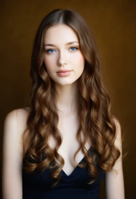 RSWMN, Russian woman, 1girl, solo, realistic, long hair, brown hair, breasts, looking at viewer, cleavage, lips, upper body, medium breasts, wavy hair, blue eyes, curly hair