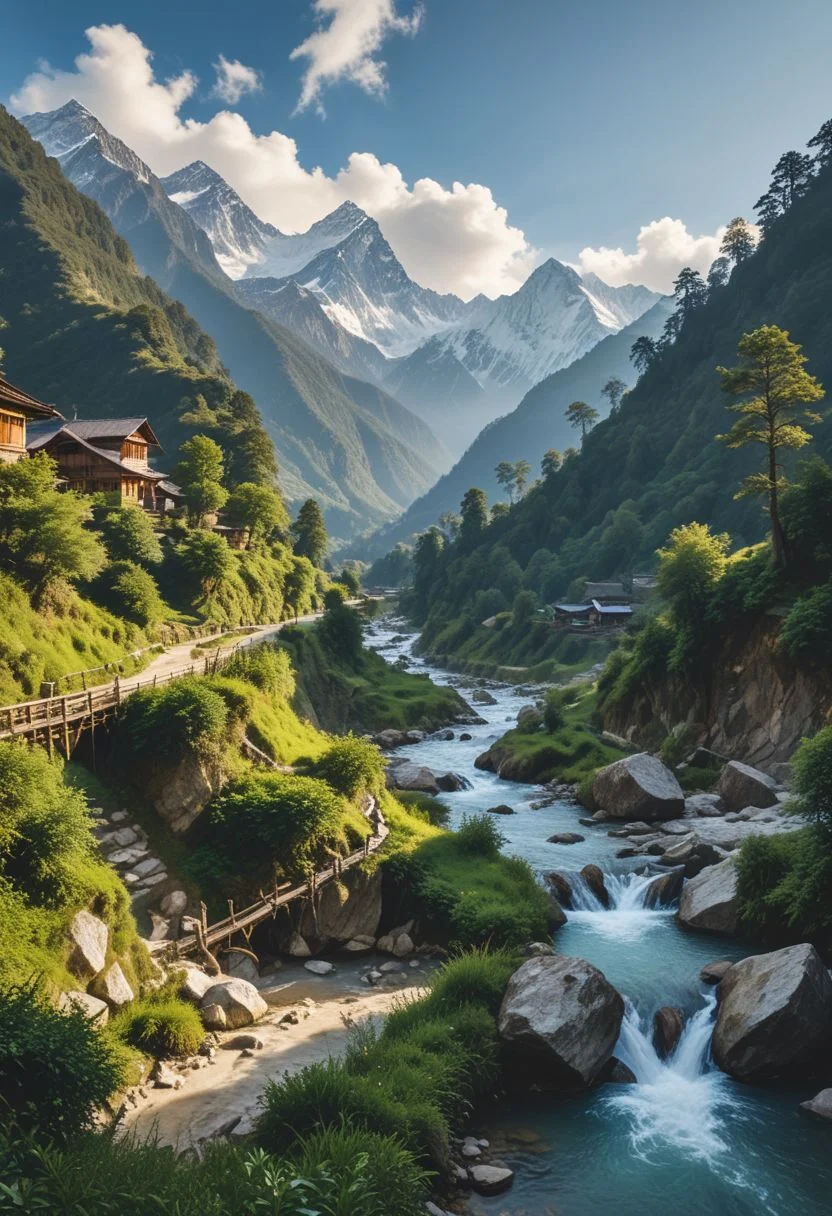 A serene and picturesque scene of the Nepal valley, surrounded by towering Himalayan mountains. In the distance, the majestic Mount Everest, the highest peak in the world, proudly stands tall, adorned by its icy white cap. The valley itself is lush and green, dotted with small villages and terraced rice paddies.
The sky is a brilliant blue, unobstructed by clouds, allowing the warm sunlight to bathe the entire landscape in a golden glow. The air is crisp and clean, filled with the scent of pine trees and the sound of rushing mountain streams.
In the foreground,there is a wooden bridge across that spans a narrow gorge. The image evokes a sense of peace and harmony, as well as an overwhelming appreciation for the raw beauty and majesty of nature.