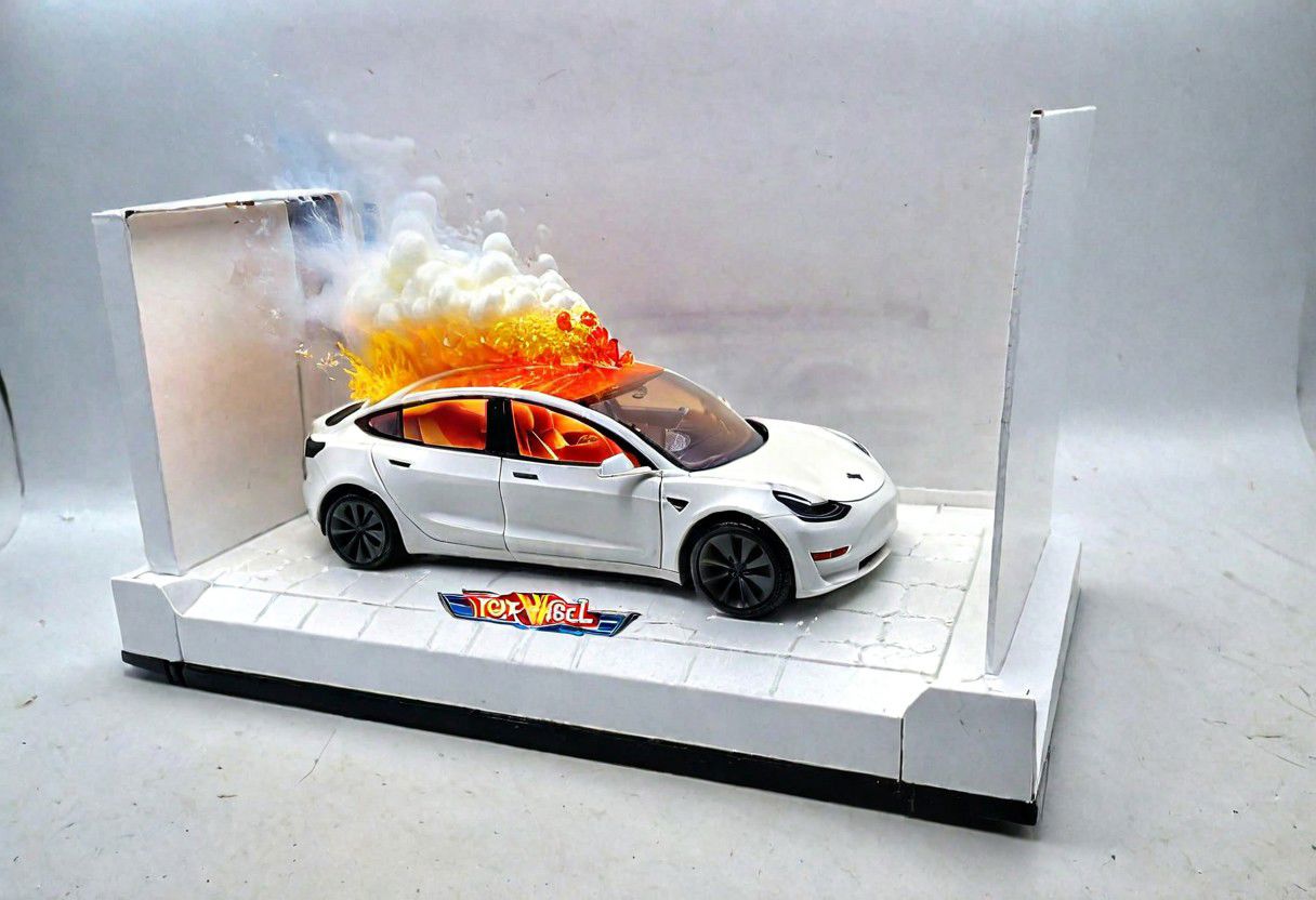 Hot Wheels toy car company have made a toy car version of a Tesla Model 3, The toy telsa model 3 car comes in a mini display unit/box. The car is exploding into fire and flames, white smoke fills the top of the display box, (realistic explosion from car), (realistic Flames bellow from the car windows inside the display unit),  Painstaking Attention To Details,