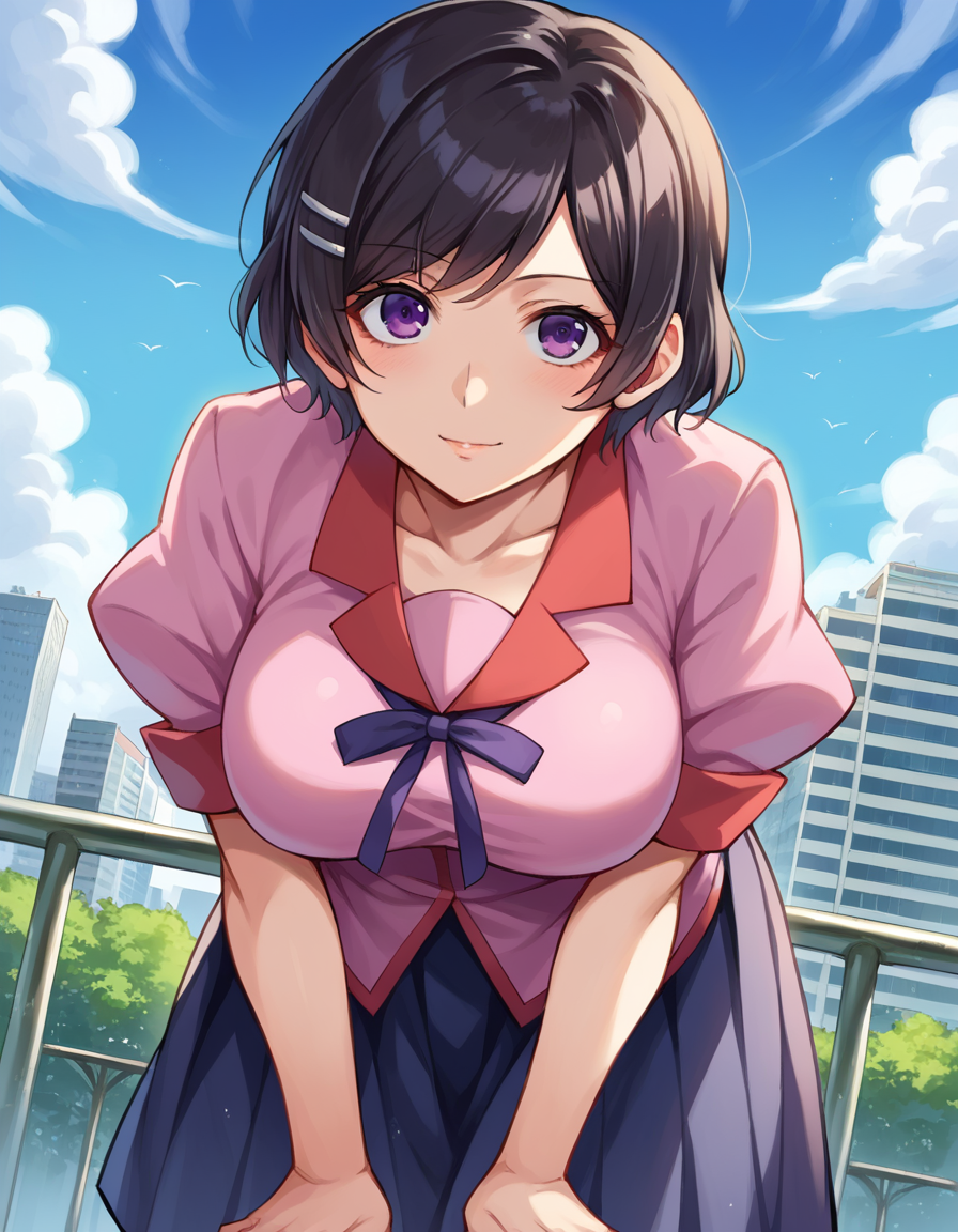score_9, score_8_up, score_7_up, source_anime,
tsubasahanekawa, <lora:tsubasa-hanekawa-ponyxl-lora-nochekaiser:1>,
hanekawa tsubasa, short hair, black hair, hair ornament, purple eyes, hairclip, mature female,
skirt, school uniform, naoetsu high school uniform,
outdoors, cityscape, bent over,
looking at viewer, cowboy shot, dutch angle,