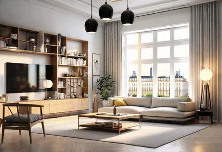 ((front view)), ((animation style)), modern-style interior, with white walls, (large windows), Nordic-style furniture, a  study, Sofa, coffee table, bookcase, single wall, 
warm light morning sun, (the view of the city)