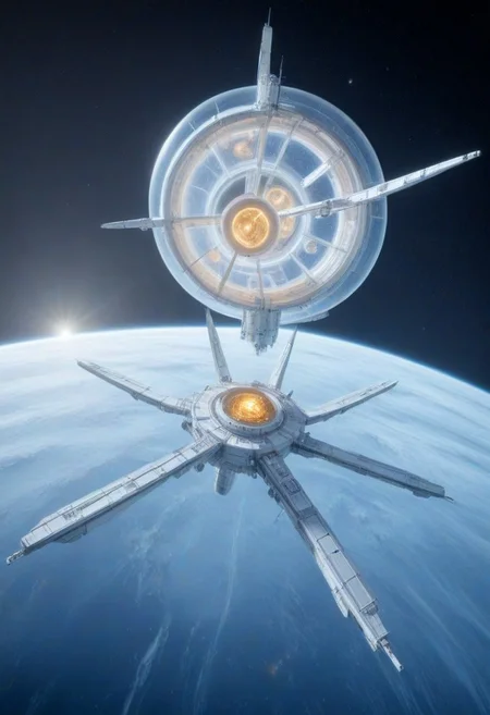 h0rr0rstyl3, CosmicStyle, high-contrast starlight shot, expeditionary scientific cruisers in synchronized orbit around a gas giant, golden illumination from nearby sun reflecting off sensor dishes, modular hull design with telescoping arms, ice-mining drones detached and descending into planetary rings, detailed scientific payload containers, warm cockpit glow visible through reinforced glass domes, ultradetailed ship schematics, smooth white and silver color scheme, exploratory symbols painted on wings, serenity meets cutting-edge exploration, peaceful future-tech vision, contemplative sci-fi scene, vast sense of scale