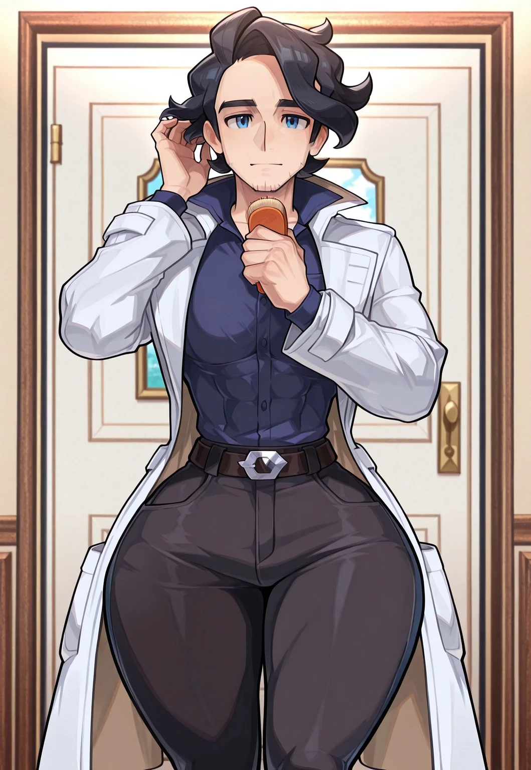 anime, source_anime, animification, fanart, augustine sycamore \(pokemon\), black hair, short hair, blue eyes, facial hair, stubble, bara, muscular, broad shoulders, large pectorals, narrow waist, small waist, abs, wide hips, thick thighs, trench coat, white coat, blue shirt, collared shirt, belt, long sleeves, black pants, jeans, hand on hair, brushing hair with own hand, looking at viewer, best quality, absurdres, newest, perfect quality, detailed background, intricate details