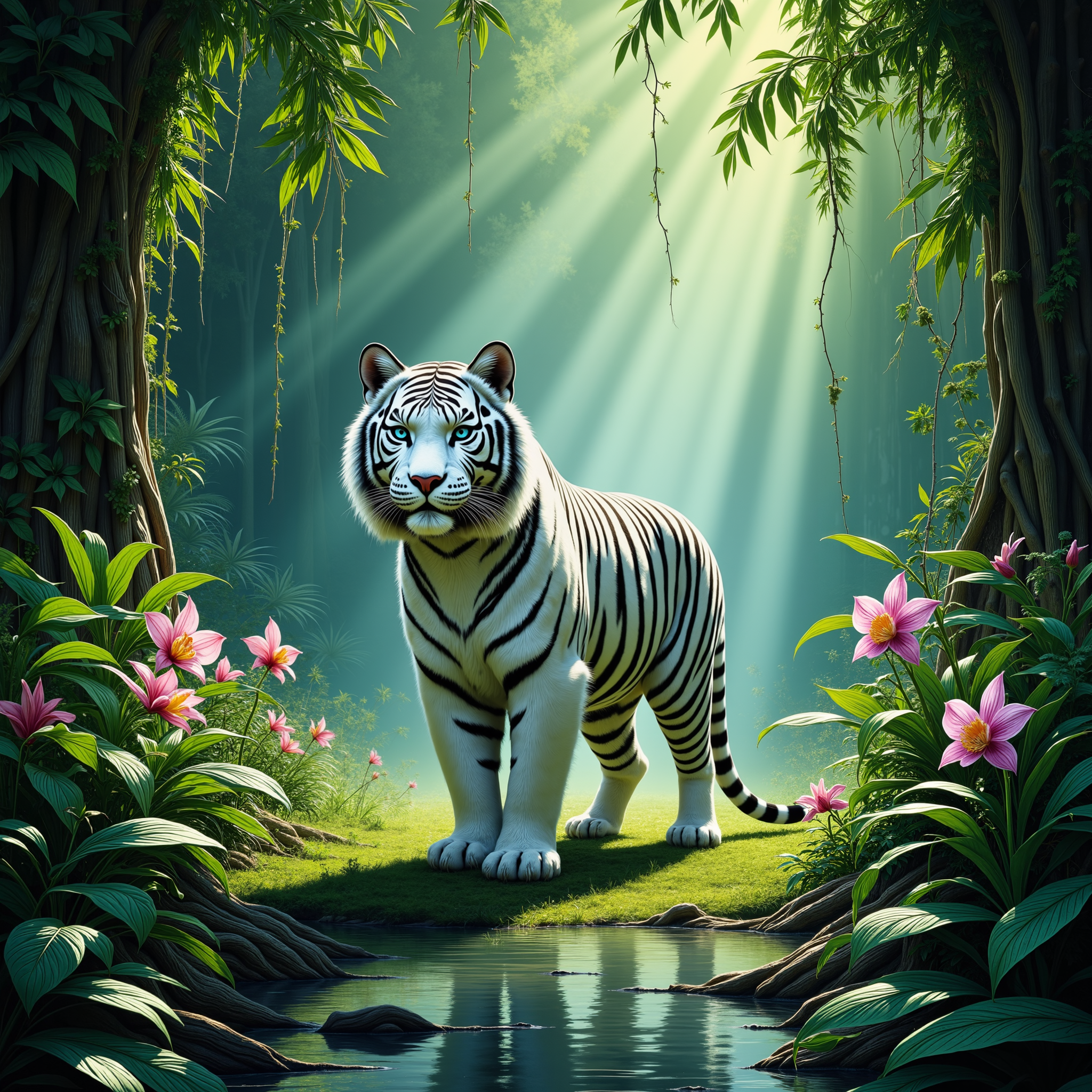 In the tranquil heart of a lush jungle clearing, a breathtaking illustration captures the majesty of a solitary white tiger, its alabaster fur gleaming under dappled sunlight that filters through the dense canopy above. The tiger stands poised and powerful, its muscular form gracefully accented by striking black stripes that ripple across its body. Its piercing blue eyes, vibrant and full of wisdom, survey the surrounding verdant foliage where vibrant orchids and creeping vines lend a burst of color against the deep green backdrop.