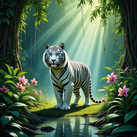 In the tranquil heart of a lush jungle clearing, a breathtaking illustration captures the majesty of a solitary white tiger, its alabaster fur gleaming under dappled sunlight that filters through the dense canopy above. The tiger stands poised and powerful, its muscular form gracefully accented by striking black stripes that ripple across its body. Its piercing blue eyes, vibrant and full of wisdom, survey the surrounding verdant foliage where vibrant orchids and creeping vines lend a burst of color against the deep green backdrop.