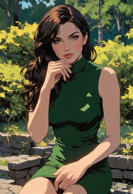 "A very beautiful woman with clear eyes, wearing a form-fitting qipao, sits gracefully on a stone bench in a serene park. The scene is captured with a highly realistic, cinematic quality, with movie-grade color grading that enhances the atmosphere. Her elegant physique is accentuated by the traditional Chinese dress, and her poised demeanor creates a sense of calm. The background features lush greenery, and the lighting highlights the tranquility of the setting. The overall composition is a digital painting that combines aesthetic beauty with a refined sense of realism, creating an epic, captivating scene."