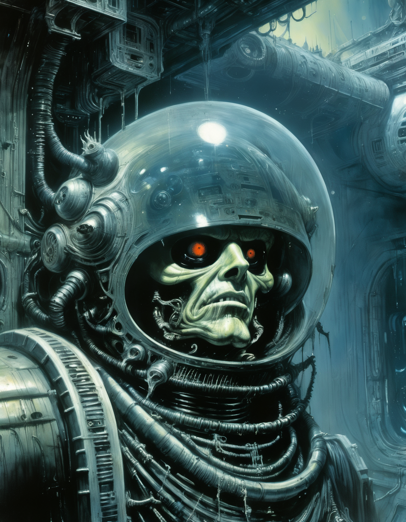 "Close-up, front-facing view of a scavenger, his face reflecting horror, within the chilling confines of a derelict space station. Sharp contrasts, lavishly intricate, drawing from H.R. Giger", surrealism, weird and pissed off, oil on canvas, dry brush, <lora:John Berkey Style:0.9>, John Berkey Style