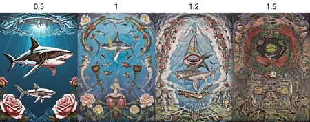 0ccult, (full shot), epic scale, ((masterpiece)), (best quality), official art, ultra detailed, shark, full body, magical, fantasy, roses, (8k, extremely detailed, high quality, highly detailed), <lora:0ccult_works_of_Art_SDXL:0.5>