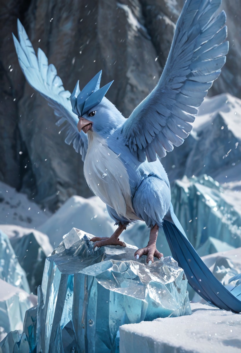 score_9, score_8_up, score_7_up, score_6_up, score_5_up, score_4_up, BREAK, solo, articuno, pokemon (creature), furry, bird, blue feathers, ice, realistic