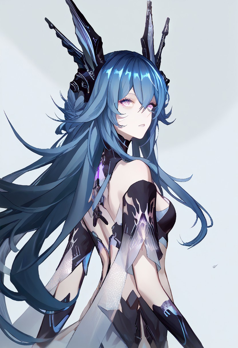 score_9, score_8_up, score_7_up, score_6_up, score_5_up, score_4_up, source_anime, 1girl, solo, 
LostLullaby, light purple eyes, blue hair, long hair, Lost clothes, headgear, 
masterpiece, best quality, very aesthetic, absurdres,