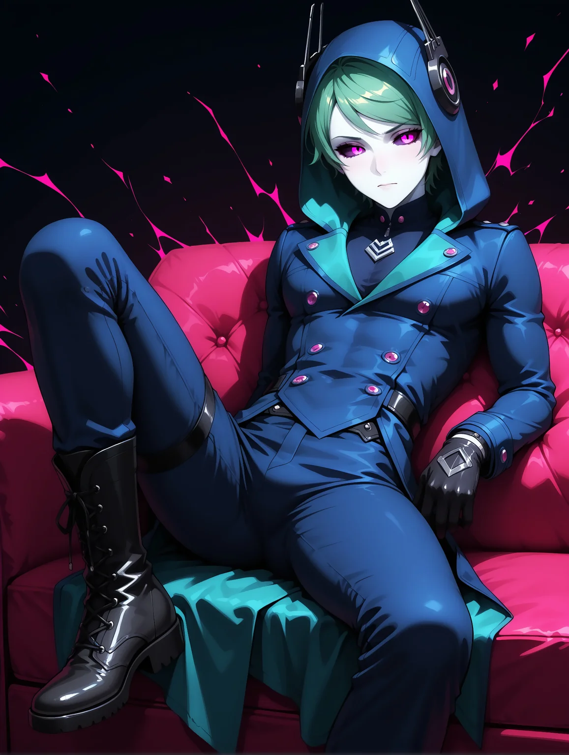 masterpiece, very aesthetic, best quality, solo, amazing quality, 25 years old, fit body, male, imtdargos, 1boy, hood, green hair, colored skin, short hair, hood up, gloves, colored sclera, pink eyes, purple eyes, bangs, black gloves, boots, buttons, long sleeves, pants, swept bangs, abstract background, dark background, dreamlike background
