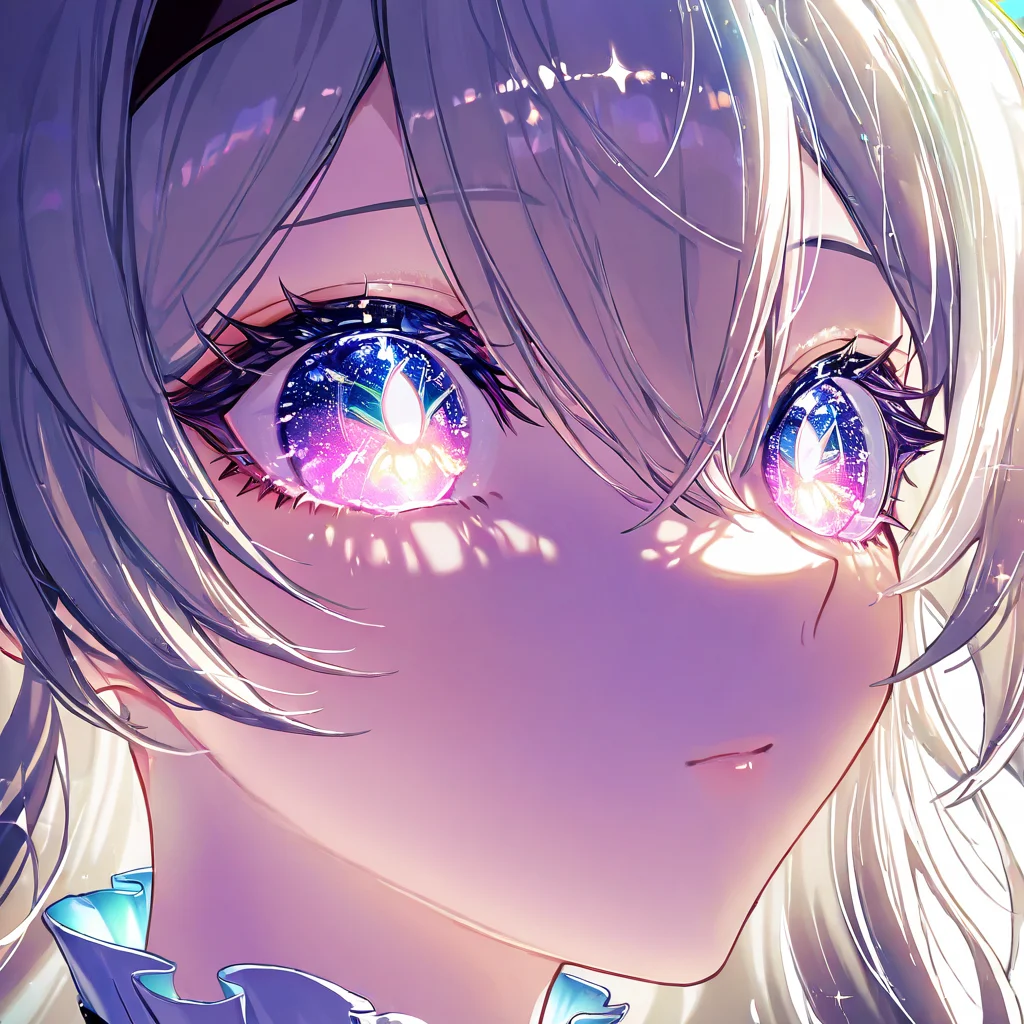 1girl,solo,bangs,eye focus,face,close-up,sparkle,looking at viewer,glowing,eyelashes,firefly \(honkai: star rail\),masterpiece, best quality, very aesthetic, absurdres, <lora:Jeweled eyes-NAI:1>