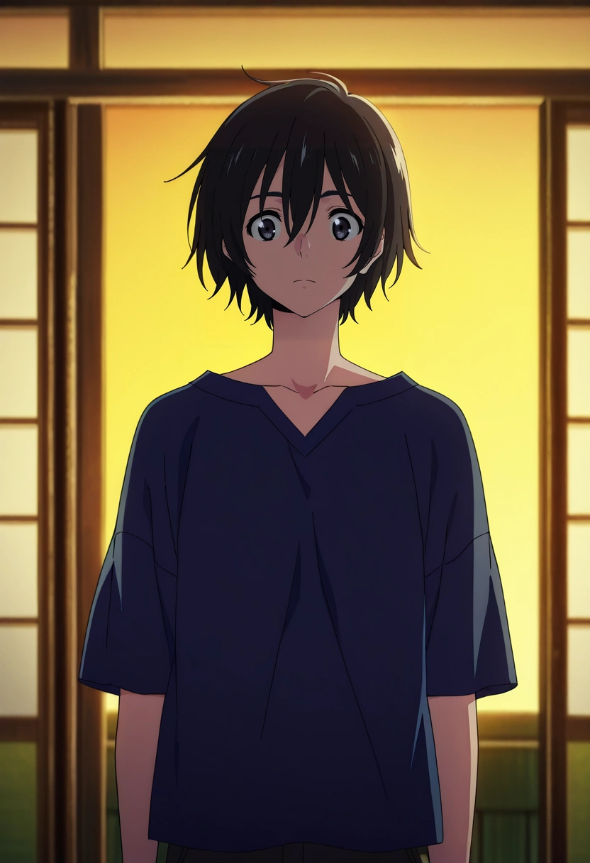 masterpiece, best quality, anime screencap, official style, anime coloring, cowboy shot, 1boy, solo, male focus, <lora:mio_chibana_ilxl:0.98>, mio_chibana, black hair, black eyes, short hair, hair between eyes, , ,