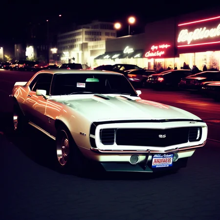 white camaro, city, night time, neon lights