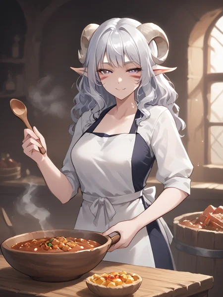 1girl, solo, source_furry, score_7_up, rating_safe, source_anime, anime face,
<lora:whisker_markings:0.8>red whisker_markings, silver long wavy hair, short pointy ears, purple eyes, <lora:age_slider_v4:0.6>
<lora:Test_Diana:0.8> tiefling_bard_diana,
<lora:Smooth Style 2 SDXL_LoRA_Pony Diffusion V6 XL:0.3> smile, open eyes, <lora:INKxXmo shaded face:0.6> Shaded FaceINKxXmo Dark Theme, cowboy shot, apron, serving, tavern,
<lora:Assume_the_position:0.8><lora:Tavern_stew:1> small tavern_stew , wood bowl, steam, wood spoon, meat, vegitable,