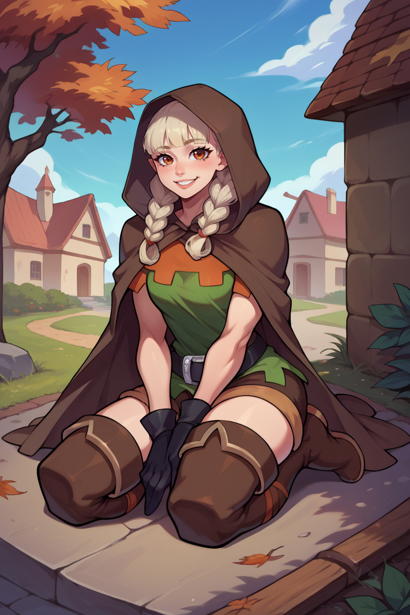 score_9, score_8_up, score_7_up, score_6_up, source_anime, BREAK 1girl, <lora:dcelf-pdxl-nvwls-v1-000005:1> dcElf, twin braids, hood, brown cloak, green tunic, black gloves, belt, brown shorts, thigh boots, kneeling, looking at you, hand on own legs, smile, village, autumn
