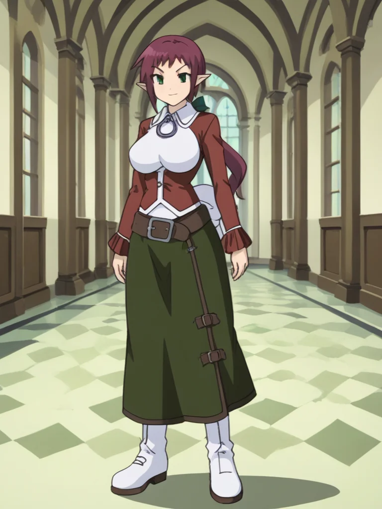1girl, solo, sardiakamoshirenai, purple hair, ponytail, green eyes, pointy ears, large breasts, white shirt, collared shirt, hair bow, pendant, red jacket, partially open jacket, long sleeves, belt, green skirt, long skirt, back bow, white boots, indoors, mansion, standing, full body, smug, smile, serious,