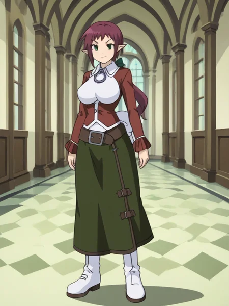 1girl, solo, sardiakamoshirenai, purple hair, ponytail, green eyes, pointy ears, large breasts, white shirt, collared shirt, hair bow, pendant, red jacket, partially open jacket, long sleeves, belt, green skirt, long skirt, back bow, white boots, indoors, mansion, standing, full body, smug, smile, serious,