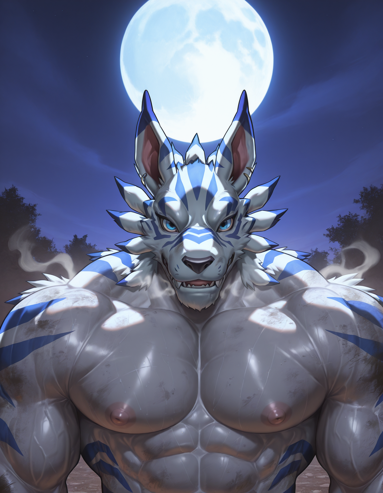 weregarurumon,detailed eyes,male focus,adult,solo,muscular,mature male,looking at viewer,facing viewer,masterpiece,best quality,ultra-detailed,high resolution,dirty,steaming body,moon,upper body,<lora:0takas-30:0.9>,