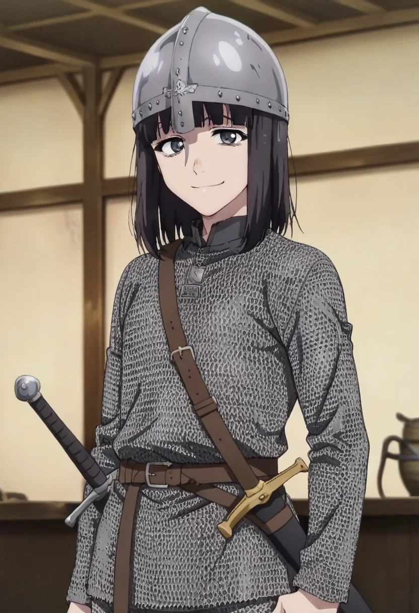 masterpiece, best quality, absurdres, detailed skin, detailed eyes, anime colored, anime screencap,
<lora:Suzushiro_Hatsuka_IL-000008:0.8>, 1 boy, fem boy, Suzushiro Hatsuka, black eyes, black hair, smile, looking at viewer,
<lora:Norman_helmet-000007:1>, chainmail, sword at waist, helmet, Normanhelmet,