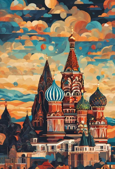 Russia travel poster blending Gustav Klimt's ornate patterning with Picasso's fragmented shapes and Alena Aenami's atmospheric perspective, iconic landmarks amid intricate details, enveloped in a high-quality masterpiece aesthetic, ultra clear, 4k, digital painting.<lora:xl_more_art-full_v1:0.3>