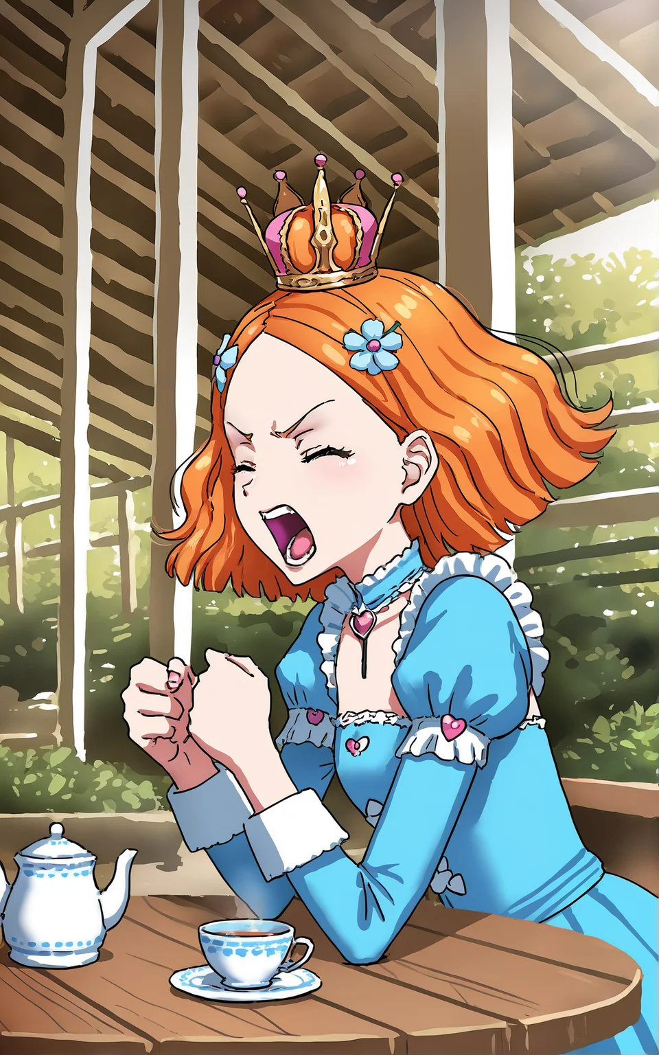 score_9_up, source_cartoon, suzieq, 1girl,  orange hair, solo. hair ornament, flower, hair flower, short hair, blue eyes,heterochromia,  hairclip,queen outfit. crown.  table. tea cups. garden.  closed eyes. shouting. open mouth. angry. from side.