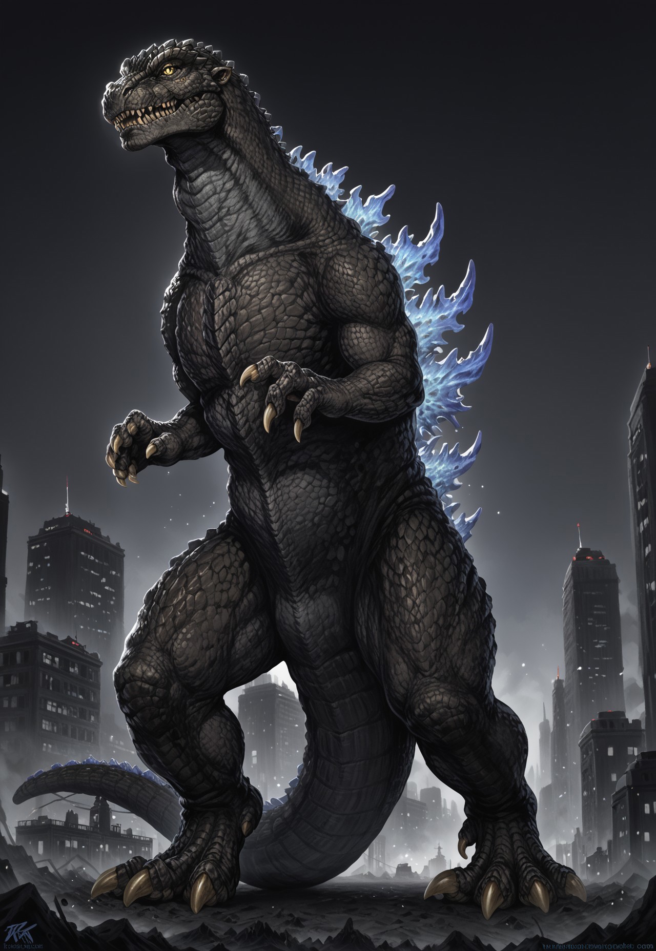 score_9, score_8_up, score_7_up, solo, 1man, giant dinosaur zilla_1998, sharp teeth, spines, blue spines, feral, realistic scales, detailed scale texture, solo, size difference, german village, solo, outdoors, city, city of fire, solo,furry male, solo, plantigrade, full body, solo, cinematic setting, extremely detailed, Macro detailed realism style photograph, 3DMM, creature, scales, textured skin, sharp teeth, claws, three toes, tail, spikes, back spikes, yellow eyes, digitigrade,