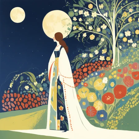 a woman wearing a dress covered in flowers, moonlight