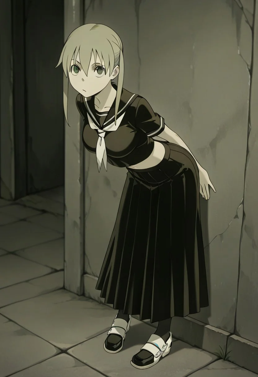 masterpiece, best quality, good quality, very awa, newest, highres, absurdres, 1girl, maka albarn, green eyes, blonde hair, twintails, \(soul eater\), upturned eyes, 18 year old, silk blonde hair,stunning female sci-fi female angel, upturned eyes, big breast,lewd, (focus on the detail: 1,5),big eyes,solo, long hair, looking at viewer, shirt, skirt, black hair, hair between eyes, green eyes, school uniform, full body, short sleeves, pantyhose, green hair, shoes, serafuku, midriff, black skirt, black footwear, black shirt, black pantyhose, leaning forward, cross, long skirt, black serafuku, limited palette, h4ra_illu <lora:illustriousXL_stabilizer_v1.23:0.3> <lora:NOOB_vp1_detailer_by_volnovik_v1:0.3> <lora:ponyv6_noobE11_2_adamW-000017:0.3> <lora:114558v4df2fsdf5:0.6> <lora:XXX667:0.4> <lora:mon_monmon2133:0.5> <lora:hara_id_21:0.6>